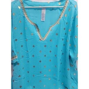 womens Indian embroidered short sleeve ‏v-neck Turquoise tops Plus Sz 3X